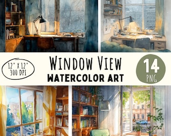May include: Watercolor art print titled "Window View" featuring four different interior scenes. Each scene depicts a window with a desk, bookshelves, and other decor. The art is 12" x 12" and 300 DPI. The image also includes a "14 PNG" graphic.