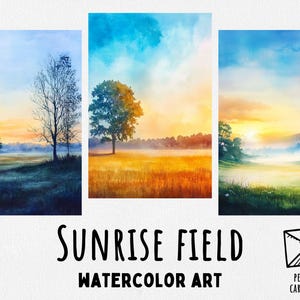 Diseños de campo con acuarela al amanecer, imágenes prediseñadas de prado matutino, imprimibles para hacer tarjetas, fondos de paisaje, uso comercial, descarga instantánea