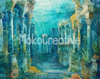 Watercolor Atlantis Print: Underwater City Wall Art (Digital Download)
