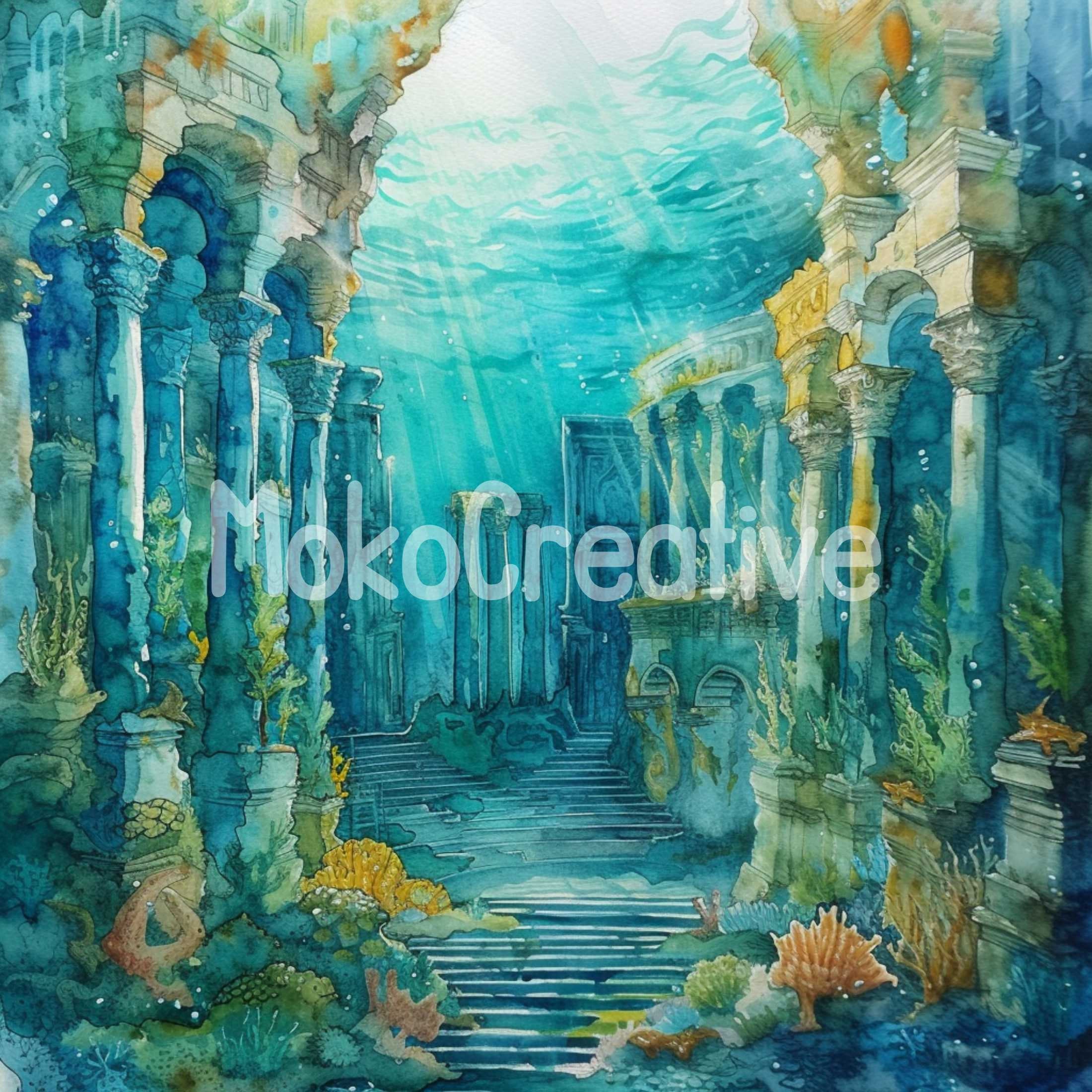 Watercolor Atlantis Print: Underwater City Wall Art (digital