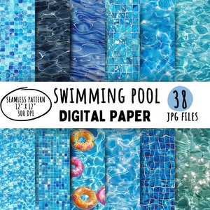 38 carte digitali per piscine, piscina estiva senza soluzione di continuità, motivo acquatico, pacchetto di carte digitali per spiaggia, arte blu, uso commerciale, download immediato