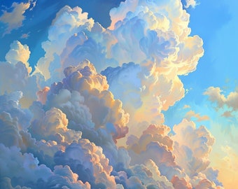 Summer Clouds Oil Painting: Majestic Cloud Wall Art (Digital Download)