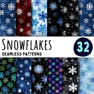 May include: A collection of 32 seamless snowflake patterns in various colors, including blue, red, and black. The image features a variety of snowflake designs, with the text "SNOWFLAKES SEAMLESS PATTERNS" and the number "32".