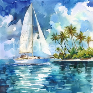 18 design di barche a vela di alta qualità, arte murale per vacanze tropicali ad acquerello, creazione di biglietti, stampa digitale, uso commerciale, download immediato