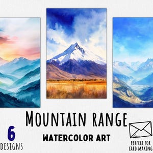 Desenhos de montanhas em aquarela, clipart de paisagens naturais, planos de fundo para impressão de cartões de viagem, uso comercial, download instantâneo