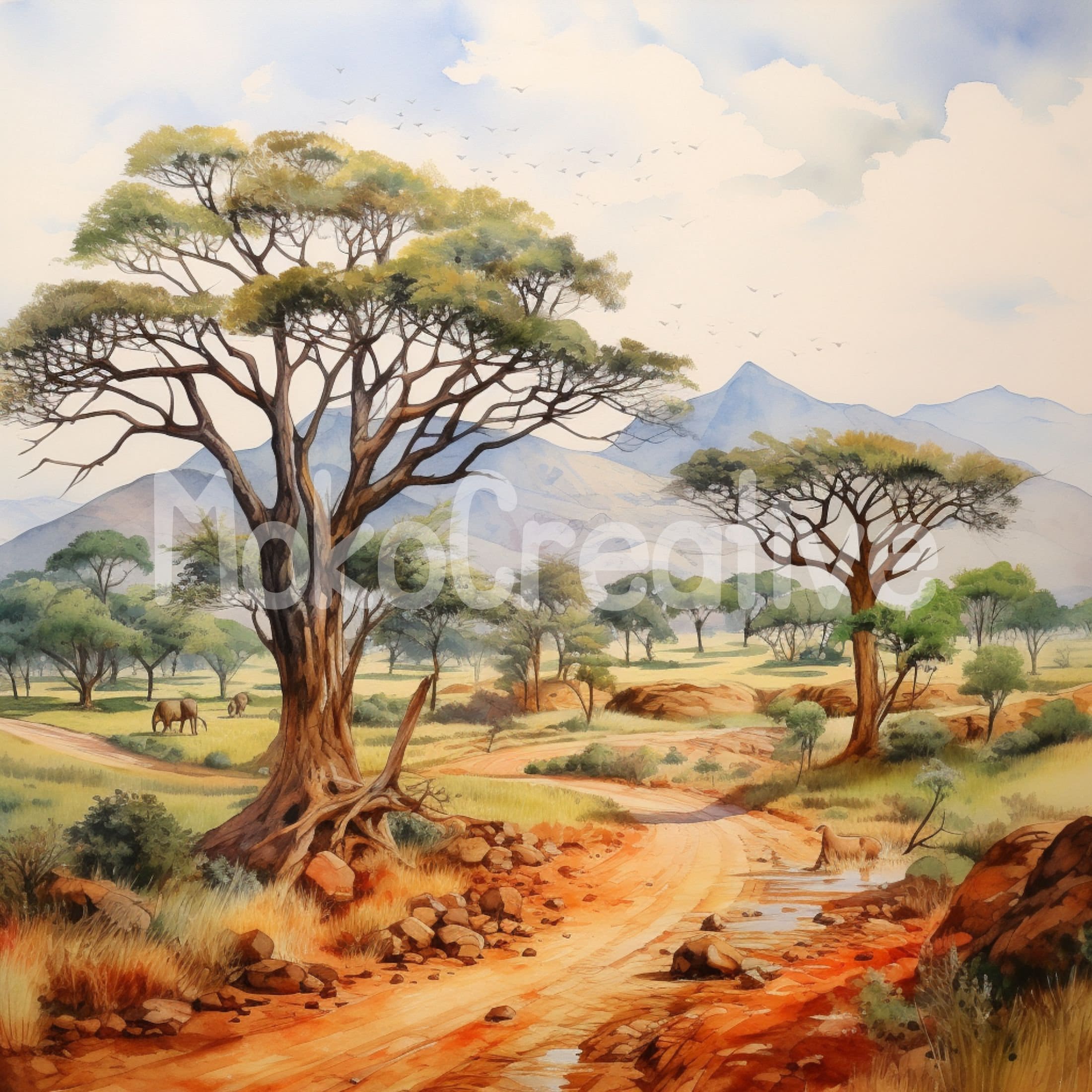 Watercolor Africa Safari Designs: Savanna Sunset Digital Print