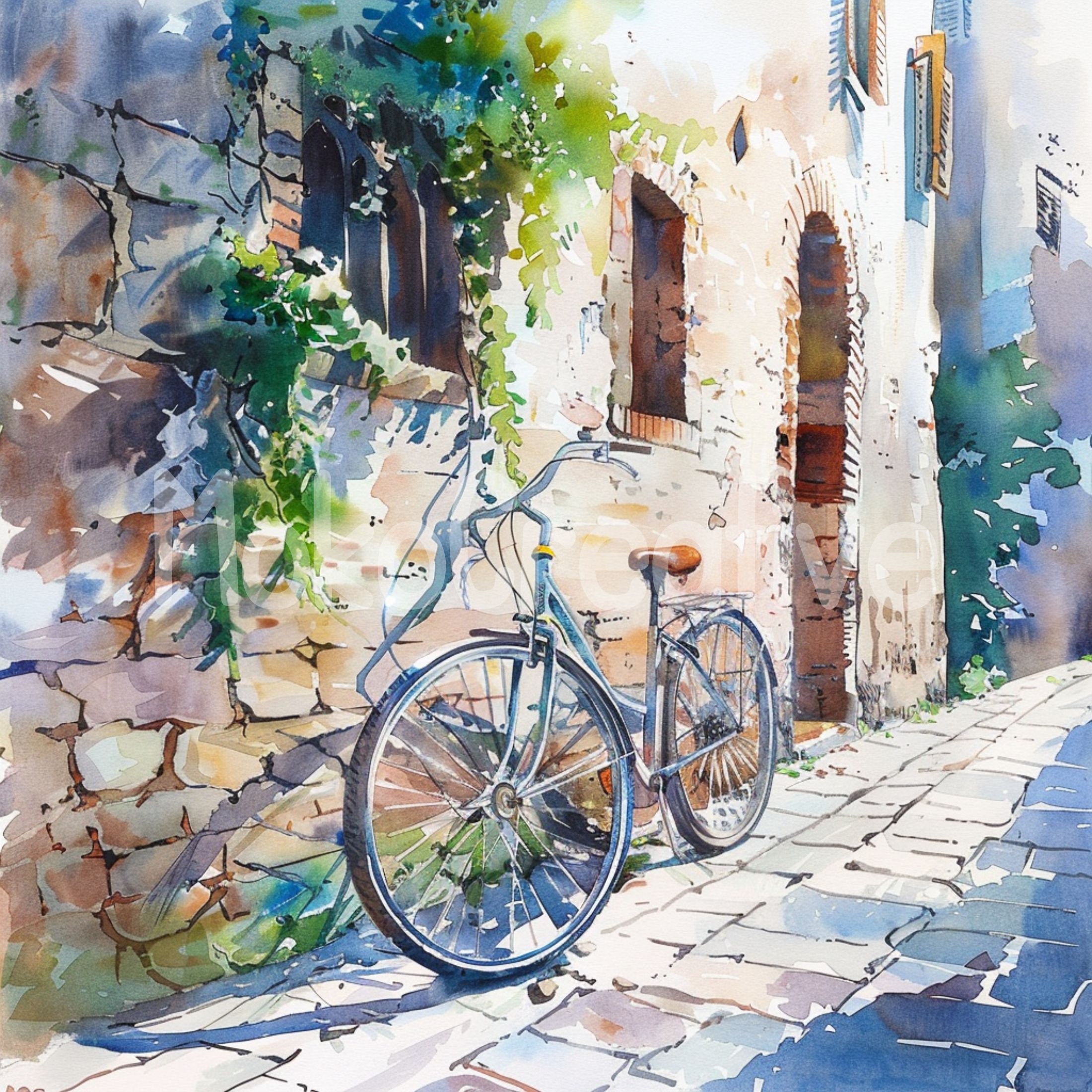 水彩画の自転車プリント：傾いた自転車のウォールアート（デジタル
