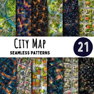 Puede incluir: Imagen que muestra 21 patrones de mapas de ciudades sin costuras. Los patrones representan vistas aéreas de paisajes urbanos, con calles, edificios y espacios verdes detallados. El texto "CITY MAP SEAMLESS PATTERNS" se muestra.
