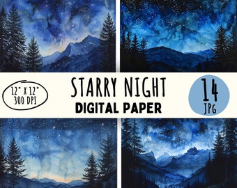 Starry Night Watercolor Forest Art: 14 Night Sky Designs (Digital Print)