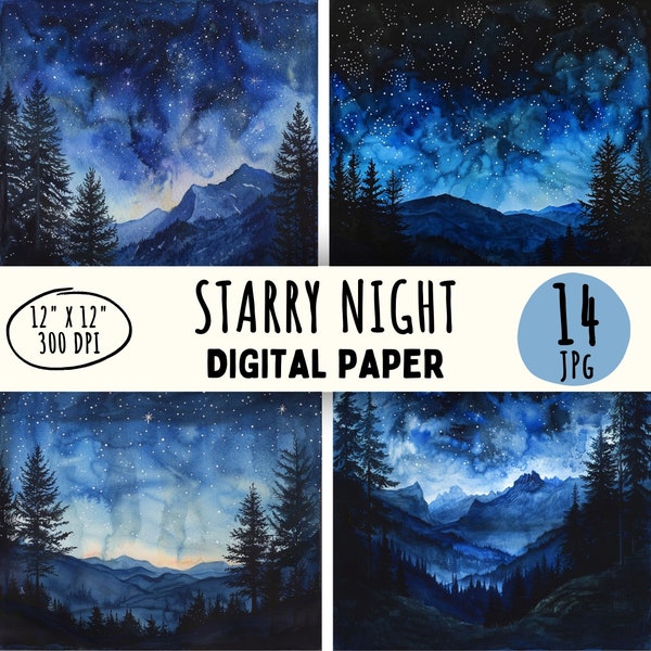 14 High Quality Starry Night Designs, Watercolor Night Sky Forest Wall Art, Card Making, Digital Print, Commercial Use, Instant Download