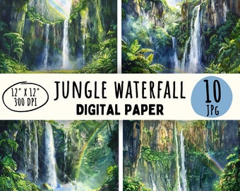 Jungle Waterfall Watercolor Clipart: Tropical Landscape Art (Digital Download)