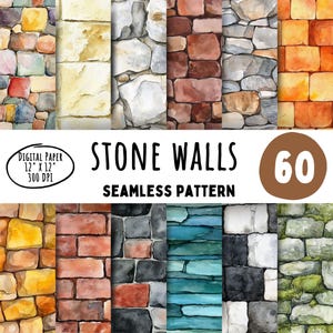 60 papéis digitais de parede de pedra, fundo de parede de tijolos sem costura em aquarela, alvenaria de construção de calcário, uso comercial, download instantâneo