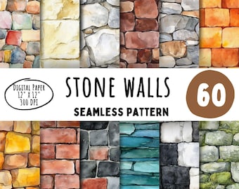 60 Watercolor Stone Wall Digital Papers: Seamless Brick Background (Instant Download)