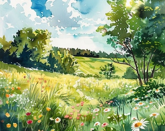 Watercolor Wildflower Meadow Print: Spring Field Art (Digital Download)