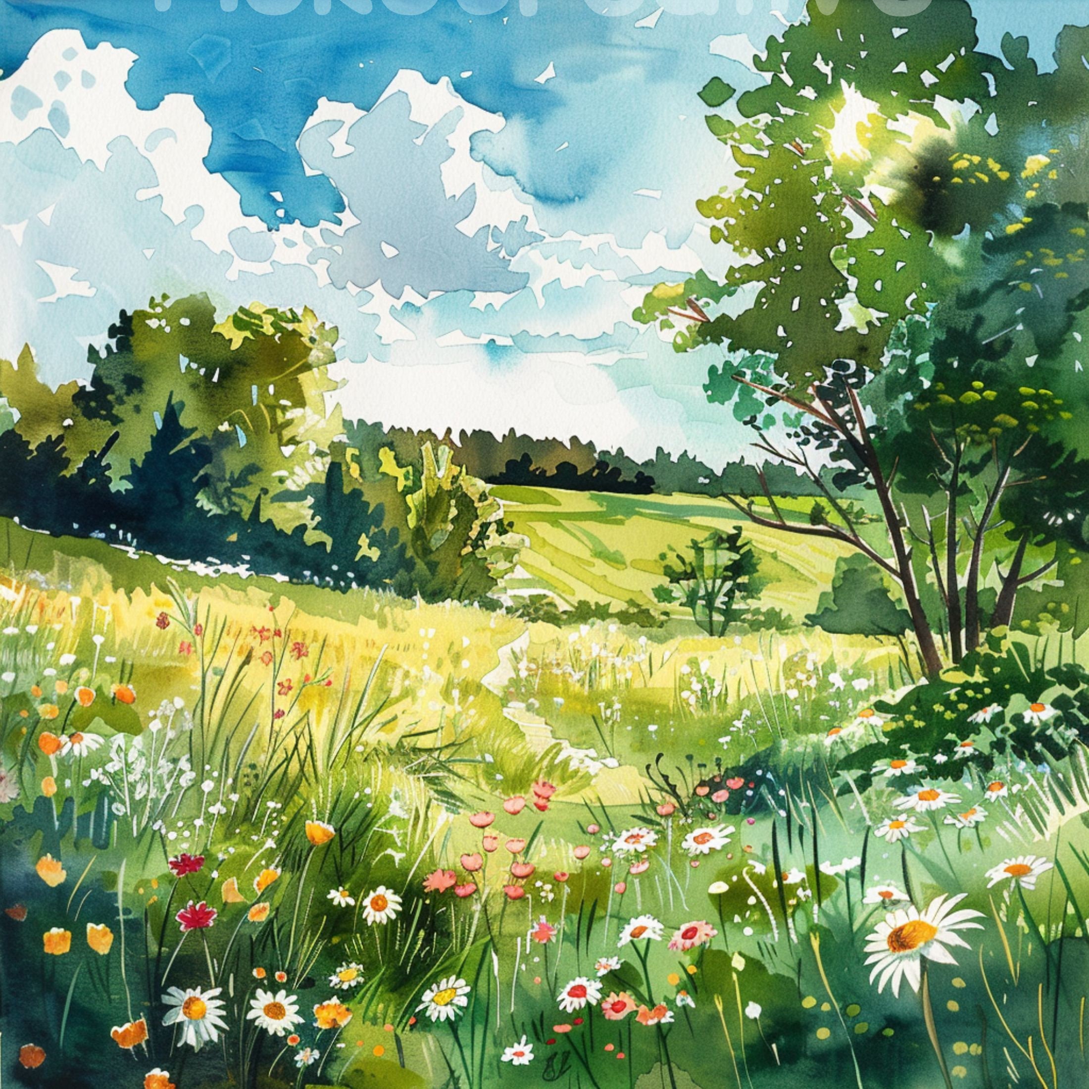 水彩画「野の花の草原」プリント：春の野原アート（デジタル