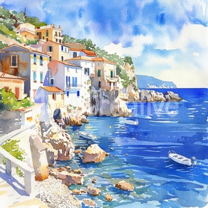 以下が含まれることがあります： 青い海を見下ろす崖の上に白い建物が建ち並ぶ、海岸の村を描いた水彩画。水は澄んでいて、小さなボートが浮かんでいます。