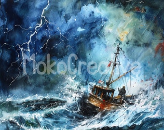 16 High Quality Stormy Sea Boat Designs, Watercolor Fishermen Boat Wall Art, Card Making, Digital Print, Commercial Use, Instant Download