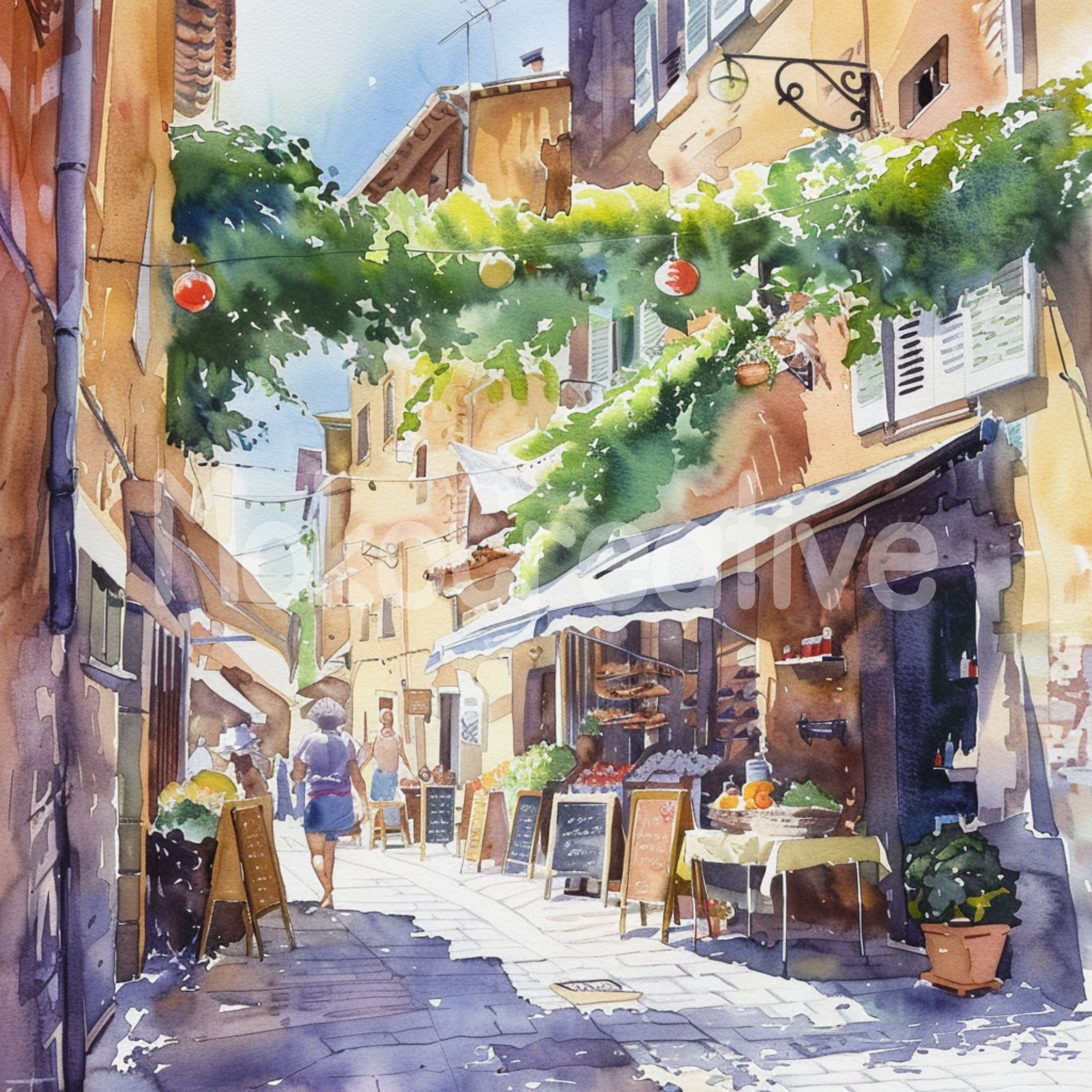 ヨーロッパの街並みの水彩画：夏の市場の風景（デジタルプリント