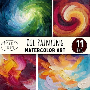 Puede incluir: Una colección de cuatro pinturas al óleo abstractas con pinceladas arremolinadas en tonos verdes, azules, rojos, amarillos y naranjas. Se muestra el texto "Oil Painting Watercolor Art", junto con las dimensiones 30,5 cm x 30,5 cm.