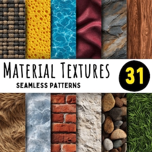 Op de afbeelding: Een afbeelding met een verscheidenheid aan materiaaltexturen, waaronder houtnerf, baksteen, water en steen. De tekst "MATERIAL TEXTURES SEAMLESS PATTERNS" wordt weergegeven, samen met het nummer "31" in een zwarte cirkel. De texturen zijn divers en kleurrijk.