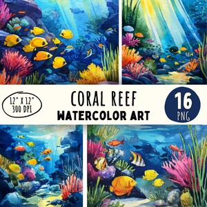 16種類の高品質なサンゴ礁デザイン、水彩画の熱帯魚ウォールアート、カード作成、デジタルプリント、商用利用可、即時ダウンロード