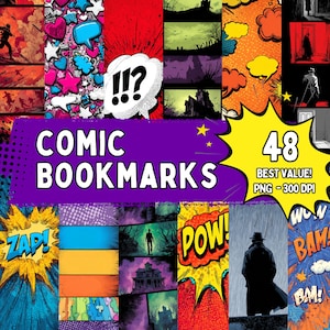 May include: A collection of 48 comic-themed bookmarks with various designs. The bookmarks feature comic book art with speech bubbles, action words like "ZAP!" and "POW!", and illustrations of figures and buildings. The text "COMIC BOOKMARKS" is displayed.