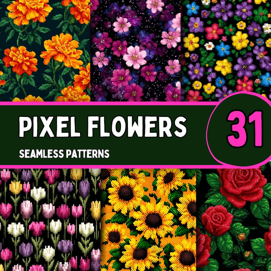 Pixel Art Floral Patterns, Seamless Digital Paper Set (31 PNG) (instant ...