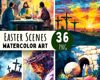 Watercolor Bible Easter Landscapes Clipart, New Testament PNG, Jesus Christ Art