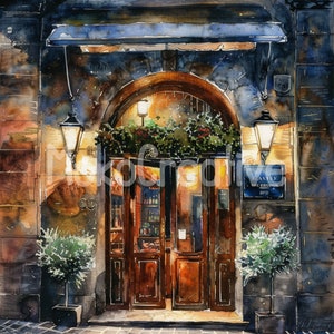 10 hochwertige Nachteingangs-Designs JPG, Aquarell romantische Restaurant-Wandkunst, Kartenherstellung, digital, kommerzielle Nutzung, sofortiger Download