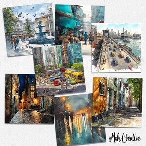 Op de afbeelding: Een verzameling aquarelprints met stadsgezichten. De prints tonen verschillende sc&egrave;nes, waaronder een drukke markt, een brug met verkeer en een regenachtige straat met mensen die onder paraplu's lopen. Het kleurenpalet omvat blauw, groen en oranje.