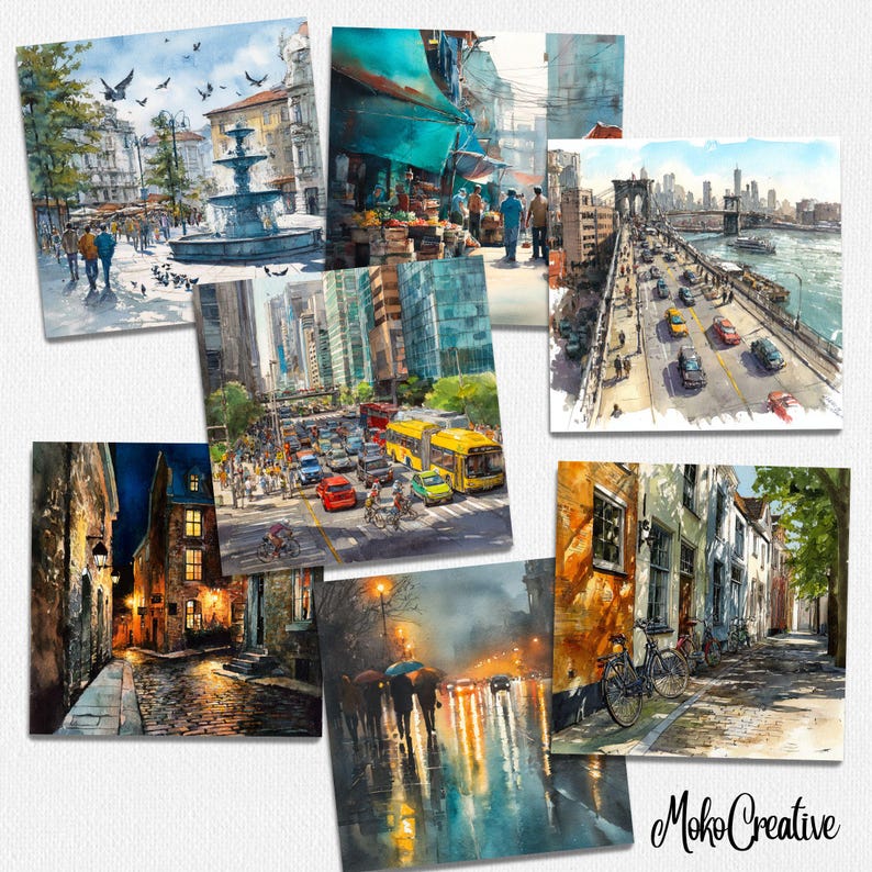 Op de afbeelding: Een verzameling aquarelprints met stadsgezichten. De prints tonen verschillende sc&egrave;nes, waaronder een drukke markt, een brug met verkeer en een regenachtige straat met mensen die onder paraplu's lopen. Het kleurenpalet omvat blauw, groen en oranje.