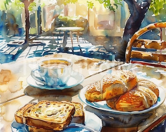 Watercolor Coffee & Breakfast Art Print: Café Table Designs (Digital Download)