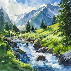 May include: A watercolour painting depicting a mountain stream flowing through a verdant valley. The stream is surrounded by rocks and trees, and the mountains in the background are snow-capped.