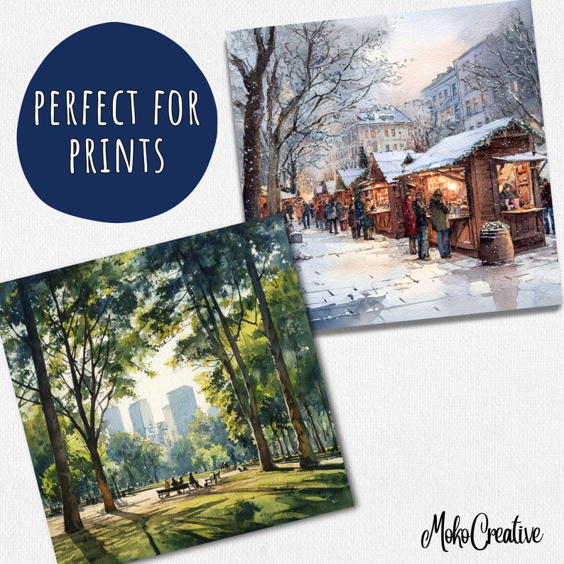 Op de afbeelding: Twee aquarelprints. E&eacute;n toont een winterse sc&egrave;ne met een besneeuwde markt en mensen. De andere toont een park met bomen en een skyline. Een marineblauwe cirkel met de tekst "PERFECT FOR PRINTS" staat linksboven.