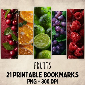 Marque-page 21 fruits à imprimer, motifs fruités frais de haute qualité, citron, baies, fabrication de cartes, impression numérique, usage commercial, téléchargement immédiat
