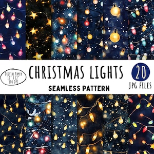 May include: 20 digital paper seamless patterns featuring watercolor Christmas lights on a dark blue background with white snowflakes. The text "Christmas Lights" and "Seamless Pattern" is included in the image.