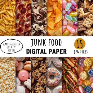 15 papeles digitales de comida chatarra, fondo de comida para una noche de cine, patrón de donut, pizza, galleta, paquete de papeles digitales, uso comercial, descarga instantánea