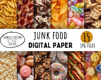 May include: A digital paper pack with 15 images of various junk foods, including french fries, pizza, chocolate, chips, jelly beans, cookies, donuts, hot dogs, popcorn, and candy. Each image is a seamless pattern, 12 inches by 12 inches, and 300 DPI.