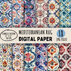 May include: 18 digital papers featuring a seamless pattern of a Mediterranean rug design. The rug is a white background with blue, red, orange, and pink floral patterns. The papers are 12 inches by 12 inches and 300 DPI.