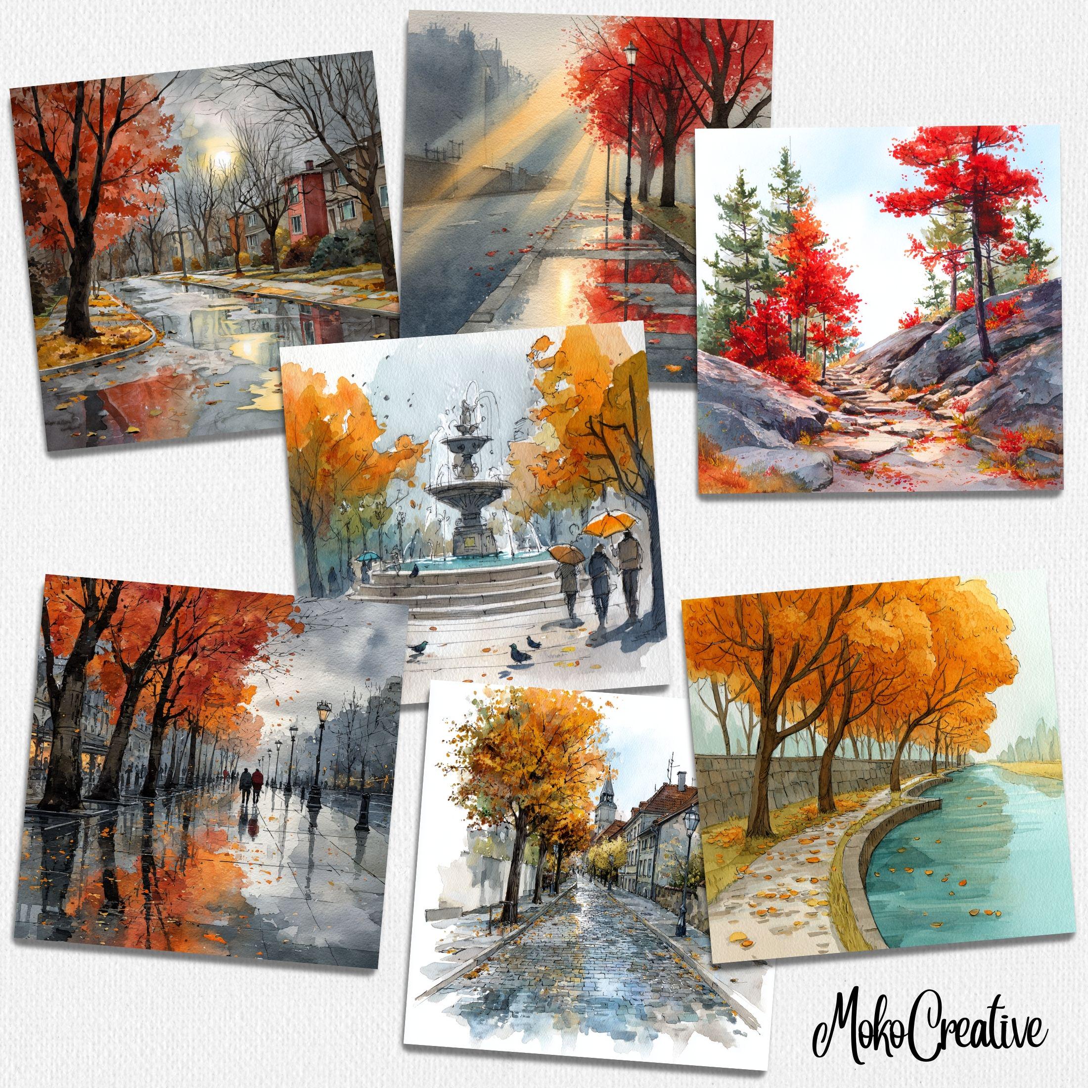 水彩画の秋の風景クリップアート：秋の木々、野原、橋（PNG 即時