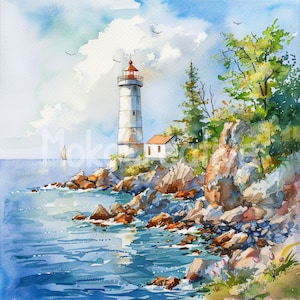 10 modèles de phares de haute qualité, art mural aquarelle, été, mer calme, fabrication de cartes, impression numérique, usage commercial, téléchargement immédiat