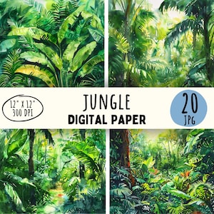 Può includere: Un set di 20 design di carta digitale con illustrazioni ad acquerello di lussureggiante fogliame verde della giungla. I fogli sono di 30,48 cm per 30,48 cm e 300 DPI.