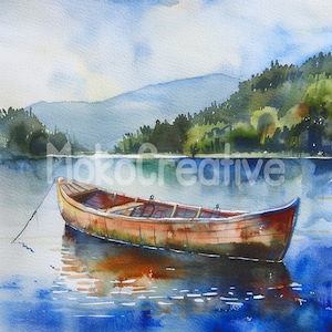 12 modèles de canoës de pêche de haute qualité, art mural aquarelle de lac d'été, fabrication de cartes de bateau, impression numérique, usage commercial téléchargement immédiat