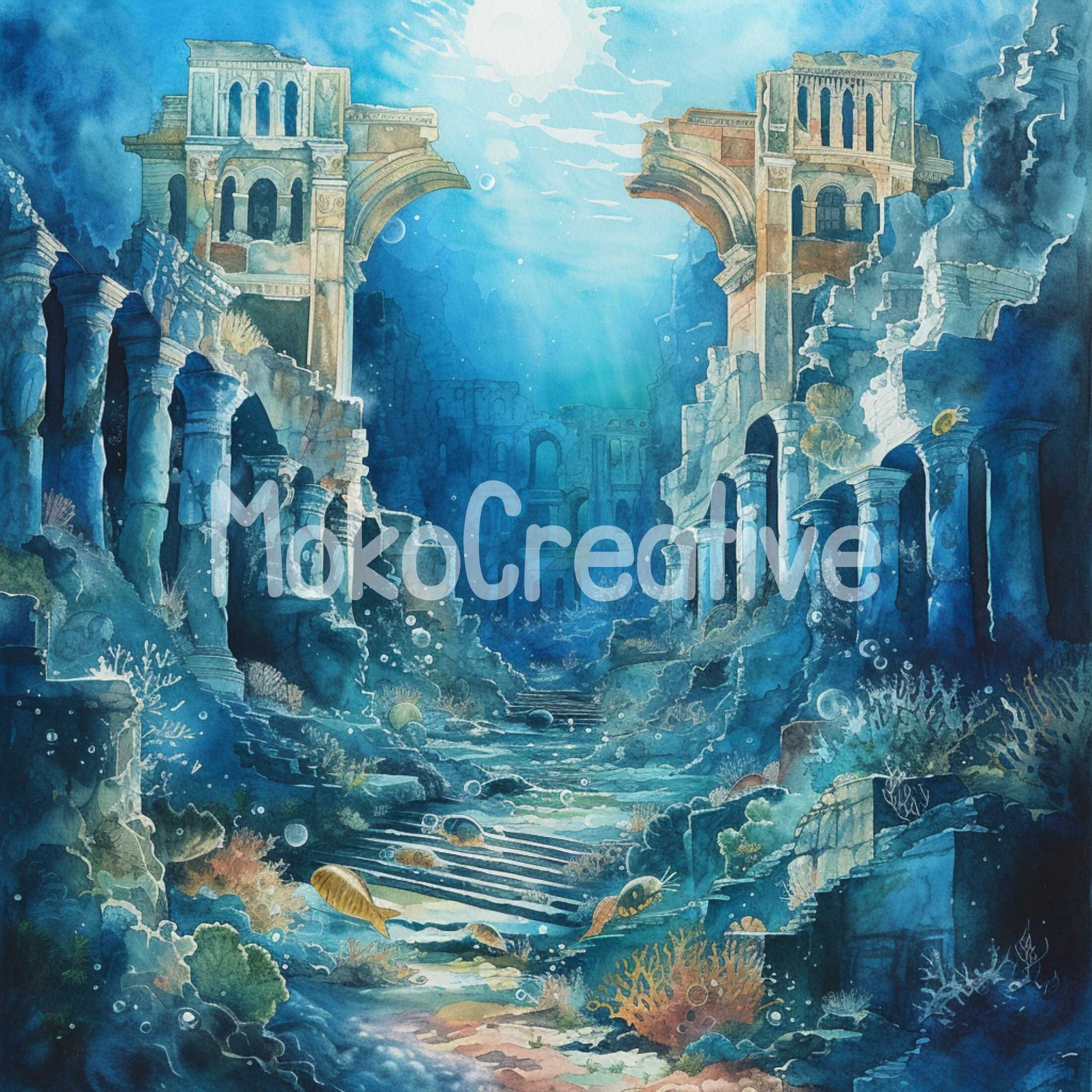 Watercolor Atlantis Print: Underwater City Wall Art (digital