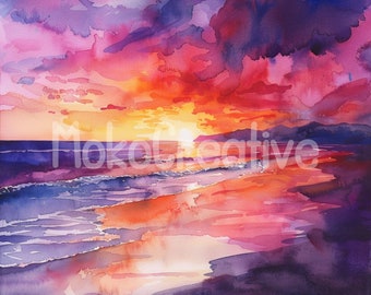 海の夕日の水彩画アートプリント：紫の夜明け デジタルダウンロード