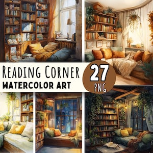 May include: Watercolor art prints showcasing cozy reading corners. The images feature bookshelves, comfortable seating, and soft lighting, creating a warm and inviting atmosphere. Text on the image reads "Reading Corner Watercolor Art" and "27 PNG".