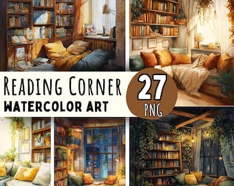 May include: Watercolor art prints showcasing cozy reading corners. The images feature bookshelves, comfortable seating, and soft lighting, creating a warm and inviting atmosphere. Text on the image reads "Reading Corner Watercolor Art" and "27 PNG".