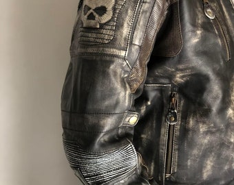 Men's Real Cow Leather Brown Distress Skull Bike Motorcycle Jacket