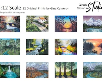 Obra de arte en miniatura a escala 1:12: 12 pinturas originales convertidas en impresiones para entusiastas de las casas de muñecas: descarga digital imprimible