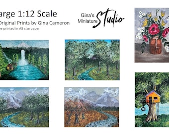 Puede incluir: Seis pinturas originales para miniaturas de casas de muñecas, cada una a escala 1:12. Las pinturas representan una cascada, un arroyo, una cordillera, una casa en un árbol y un jarrón de flores. El texto "Large 1:12 Scale" y "6 Original Prints by Gina Cameron" es visible en la parte superior de la imagen. El texto "To be printed in A5 size paper" también es visible.